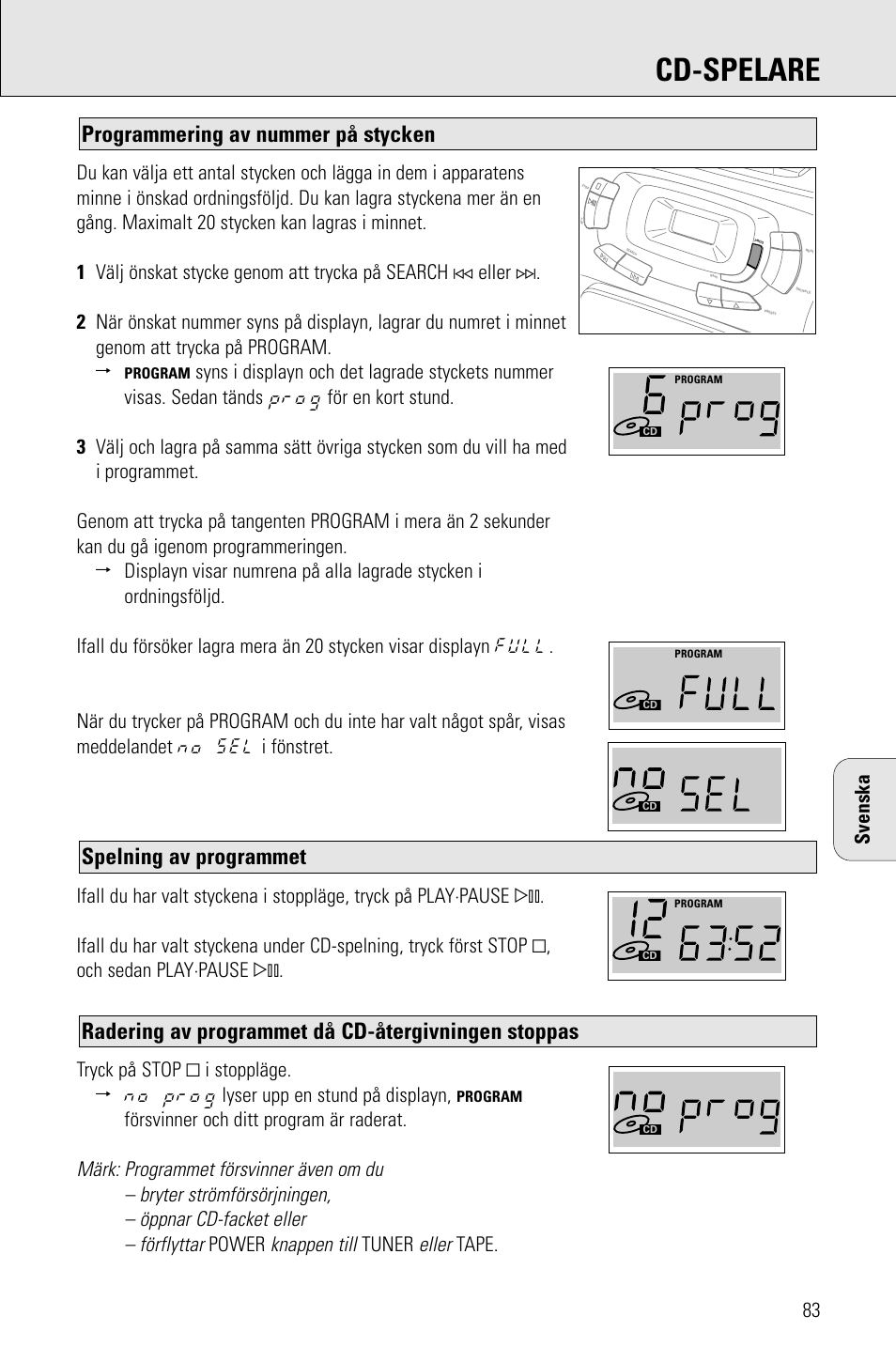 Cd-spelare, Radering av programmet då cd-återgivningen stoppas, Spelning av programmet | Programmering av nummer på stycken, Knappen till, Eller, Försvinner och ditt program är raderat, Power, Tuner, Tape | Porter-Cable AZ1203 User Manual | Page 83 / 136