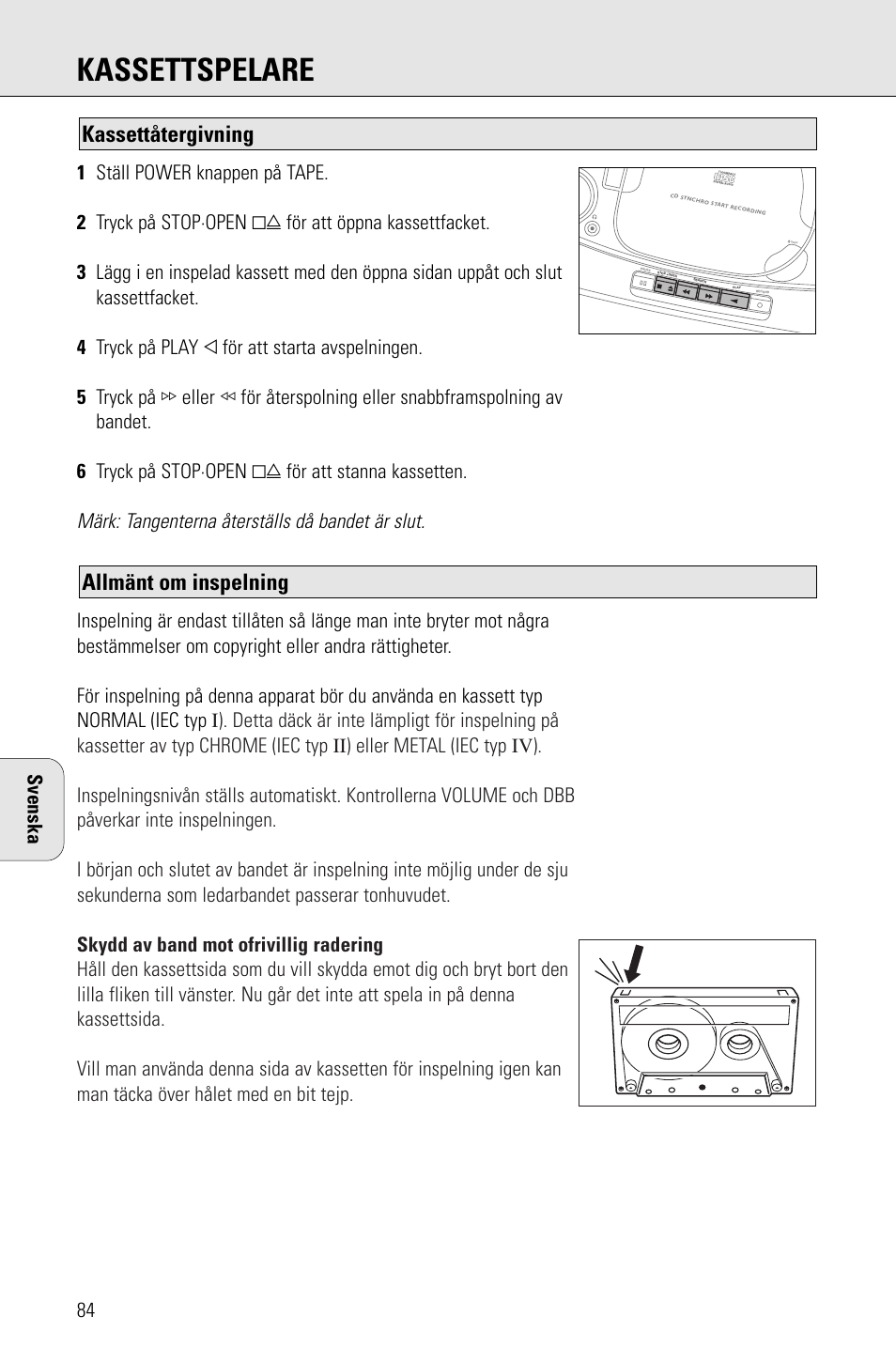 Kassettspelare, Allmänt om inspelning, Kassettåtergivning | Märk: tangenterna återställs då bandet är slut, Svenska | Porter-Cable AZ1203 User Manual | Page 84 / 136