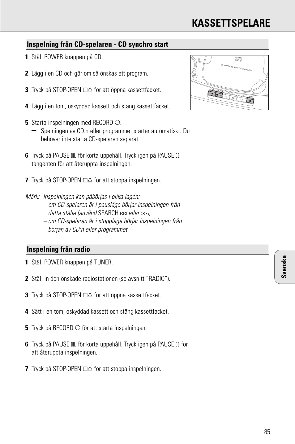 Kassettspelare, Inspelning från radio, Inspelning från cd-spelaren - cd synchro start | Eller, Search, Svenska | Porter-Cable AZ1203 User Manual | Page 85 / 136