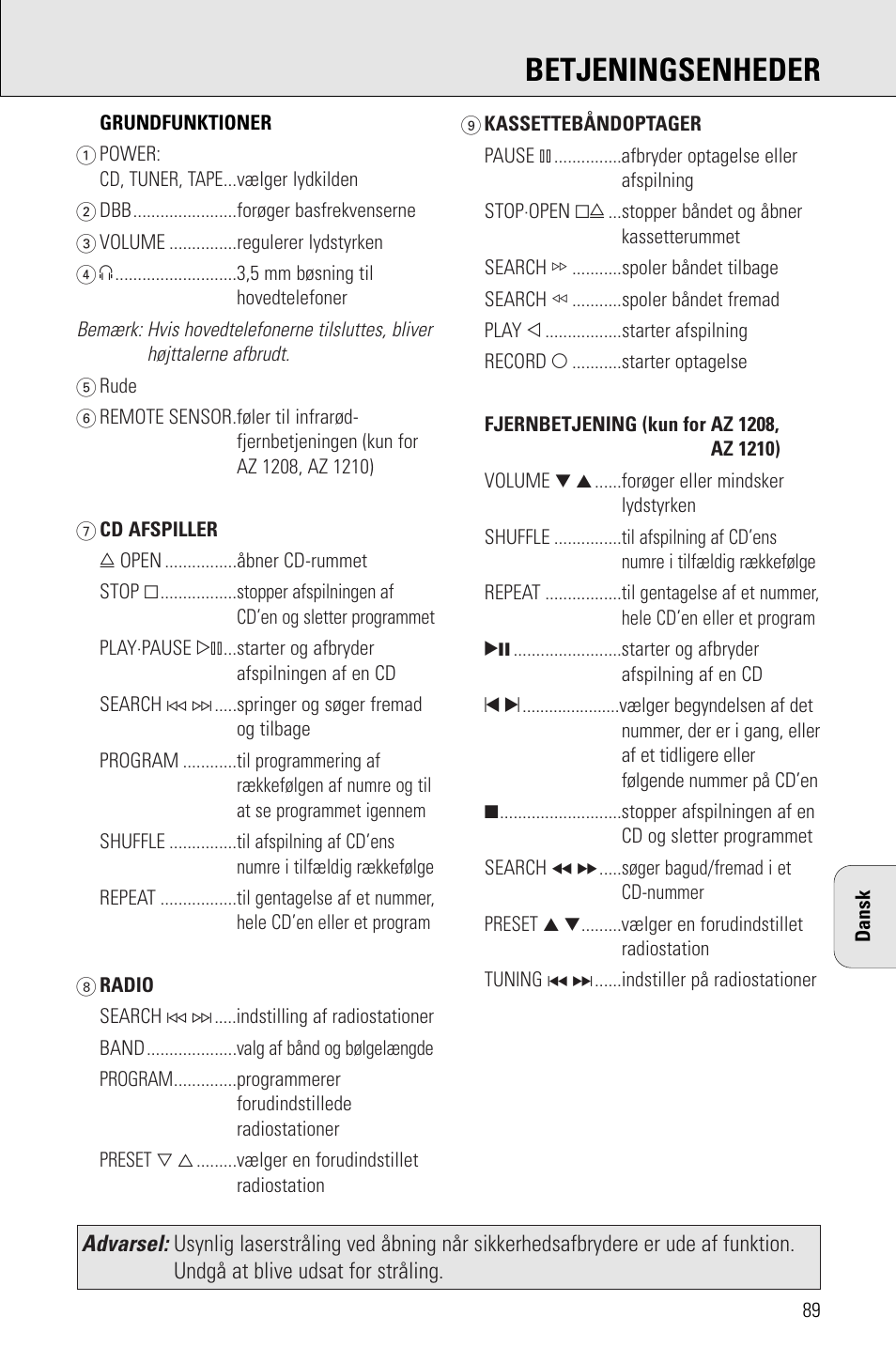 Betjeningsenheder | Porter-Cable AZ1203 User Manual | Page 89 / 136