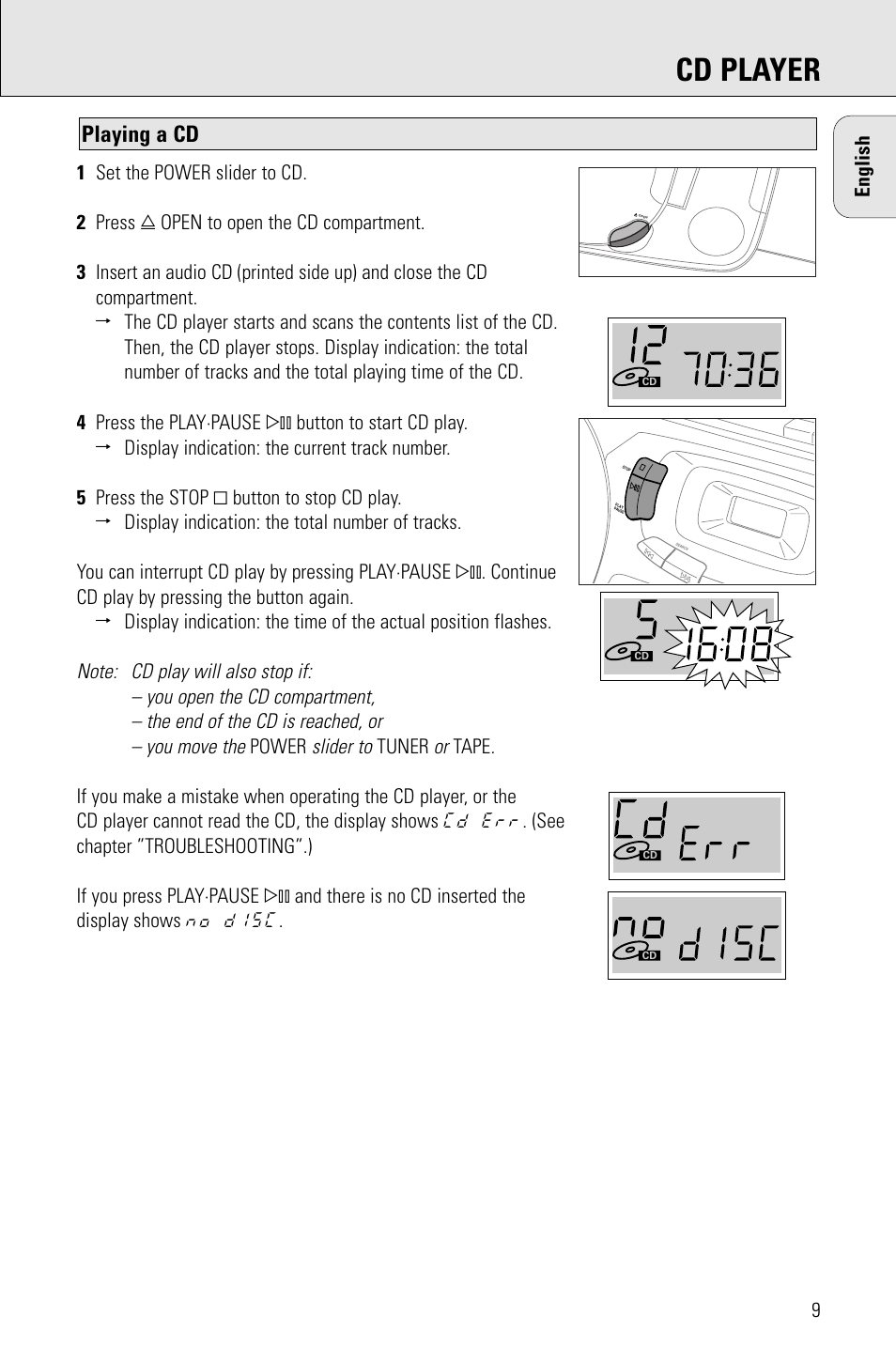 Cd player, Playing a cd, Slider to | Porter-Cable AZ1203 User Manual | Page 9 / 136