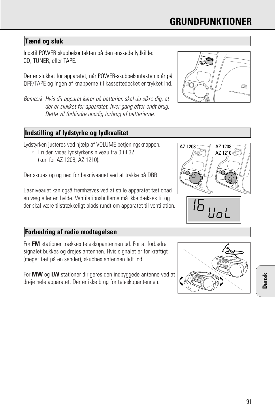 Grundfunktioner, Forbedring af radio modtagelsen, Indstilling af lydstyrke og lydkvalitet | Tænd og sluk | Porter-Cable AZ1203 User Manual | Page 91 / 136