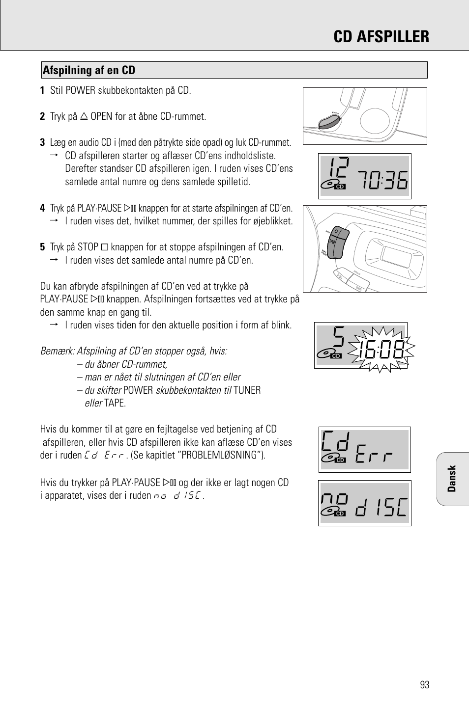 Cd afspiller, Afspilning af en cd, Skubbekontakten til | Eller | Porter-Cable AZ1203 User Manual | Page 93 / 136