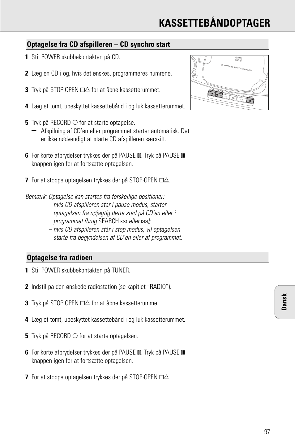 Kassettebåndoptager, Optagelse fra radioen, Optagelse fra cd afspilleren – cd synchro start | Eller, Search, Dansk | Porter-Cable AZ1203 User Manual | Page 97 / 136