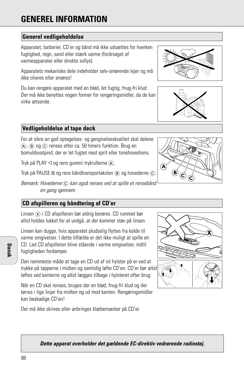 Generel information, Cd afspilleren og håndtering af cd’er, Bemærk: hovederne | Dansk | Porter-Cable AZ1203 User Manual | Page 98 / 136