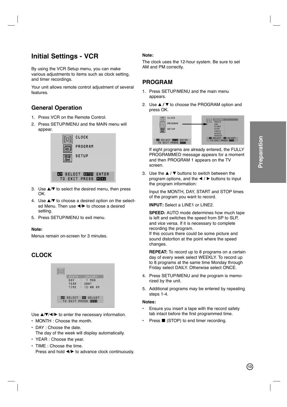 Initial settings - vcr, Preparation, General operation | Clock, Program | Philips DVP3340V-17B User Manual | Page 13 / 34