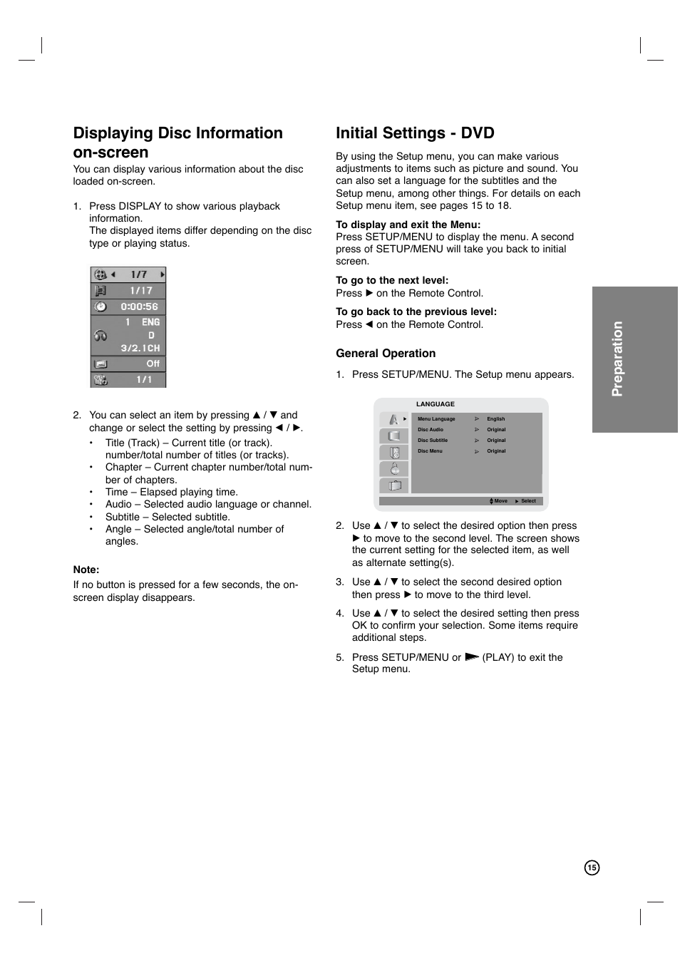 Displaying disc information on-screen, Initial settings - dvd, Preparation | Philips DVP3340V-17B User Manual | Page 15 / 34