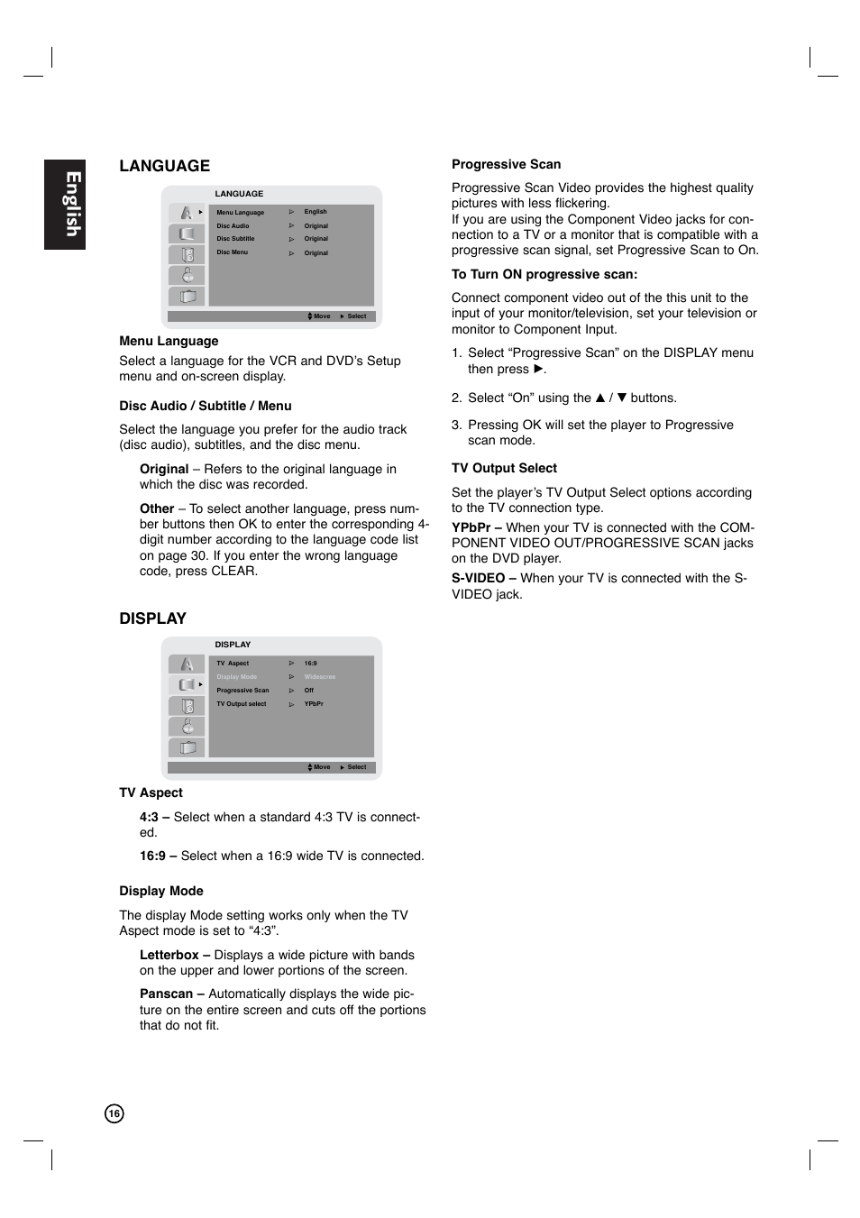 English, Language, Display | Philips DVP3340V-17B User Manual | Page 16 / 34