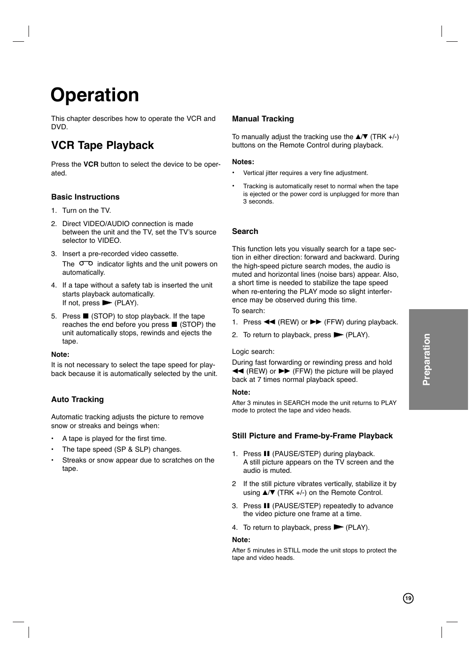 Operation, Vcr tape playback, Preparation | Philips DVP3340V-17B User Manual | Page 19 / 34