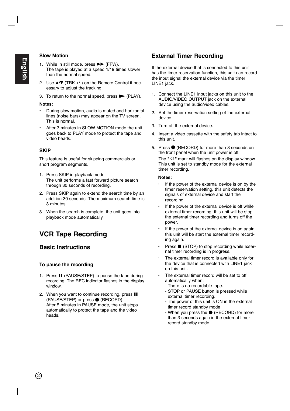 English, Vcr tape recording, Basic instructions | External timer recording | Philips DVP3340V-17B User Manual | Page 20 / 34