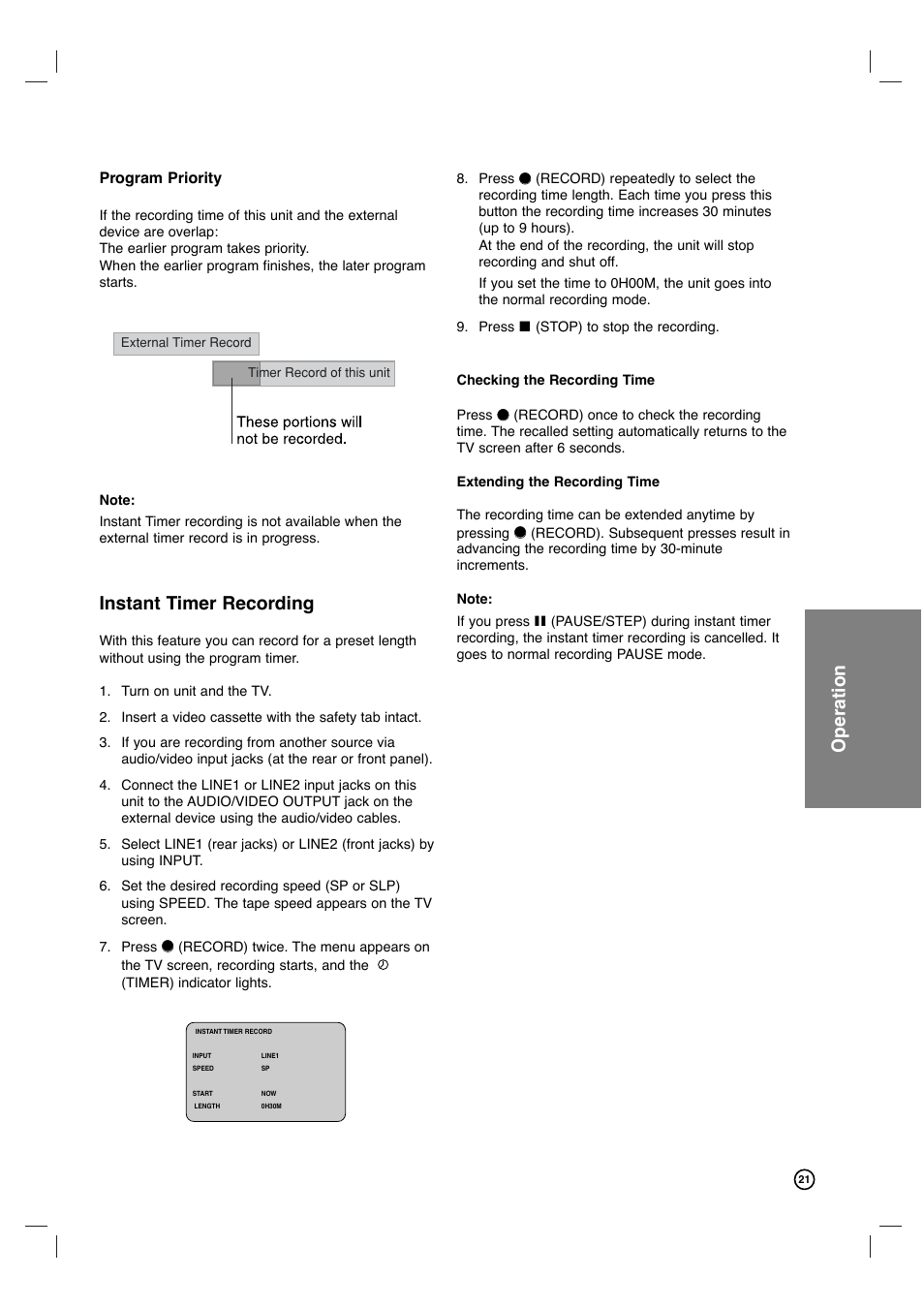 Operation, Instant timer recording | Philips DVP3340V-17B User Manual | Page 21 / 34