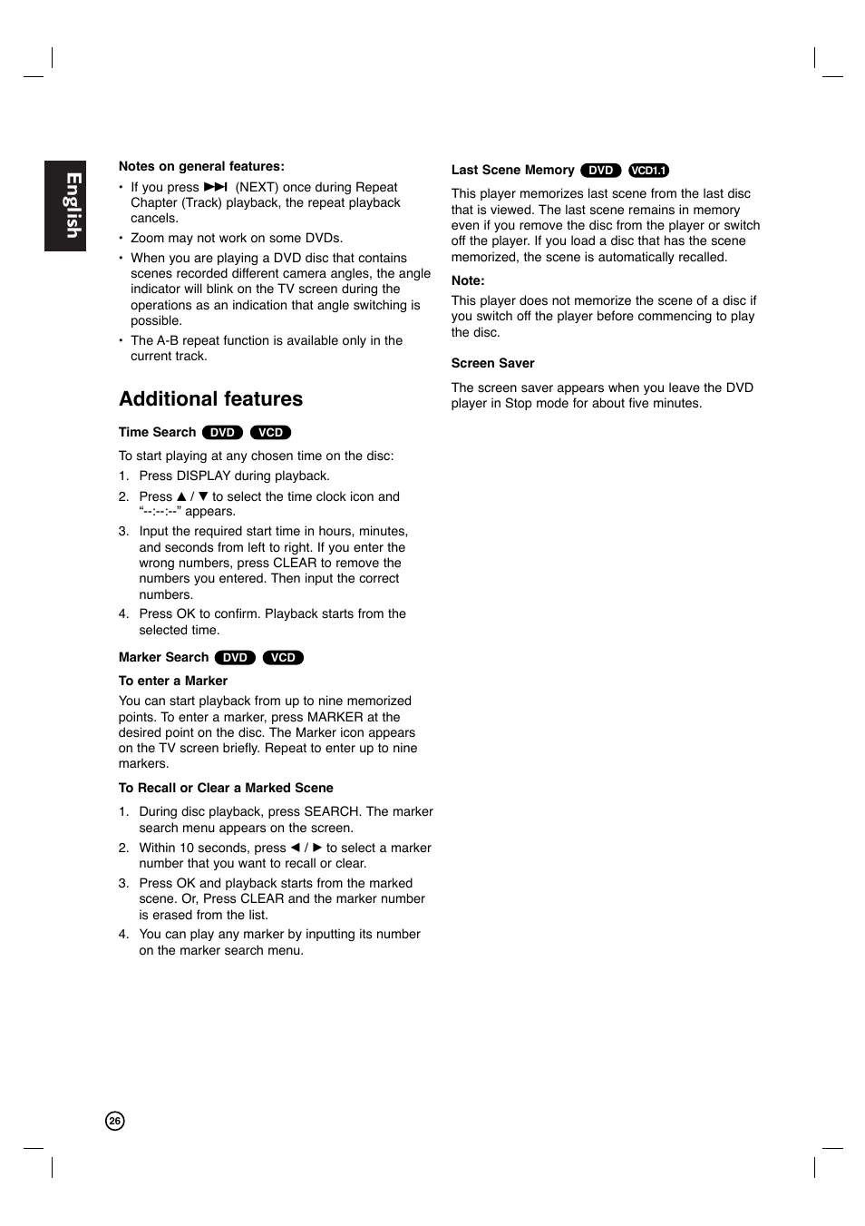 English, Additional features | Philips DVP3340V-17B User Manual | Page 26 / 34