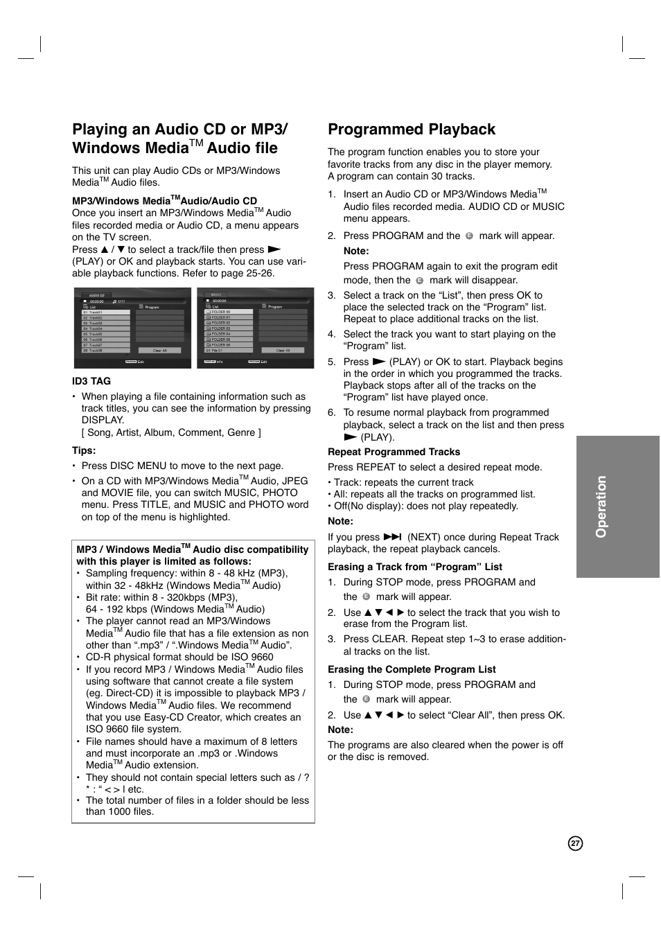 Playing an audio cd or mp3/ windows media, Audio file, Programmed playback | Operation | Philips DVP3340V-17B User Manual | Page 27 / 34