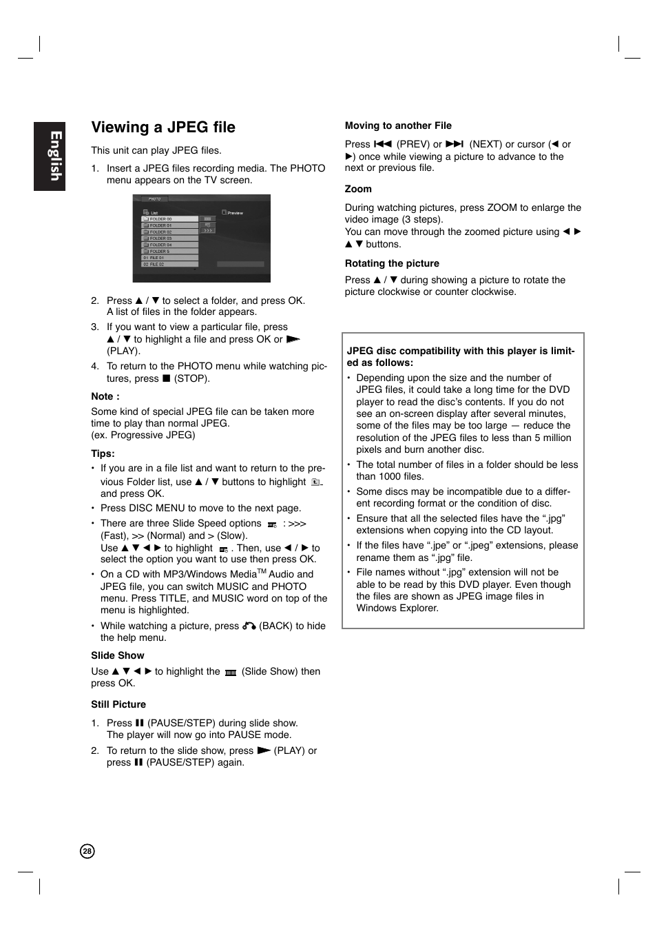 English, Viewing a jpeg file | Philips DVP3340V-17B User Manual | Page 28 / 34