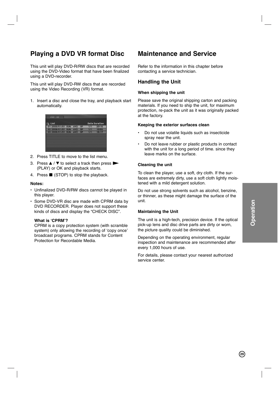 Playing a dvd vr format disc, Maintenance and service, Operation | Philips DVP3340V-17B User Manual | Page 29 / 34