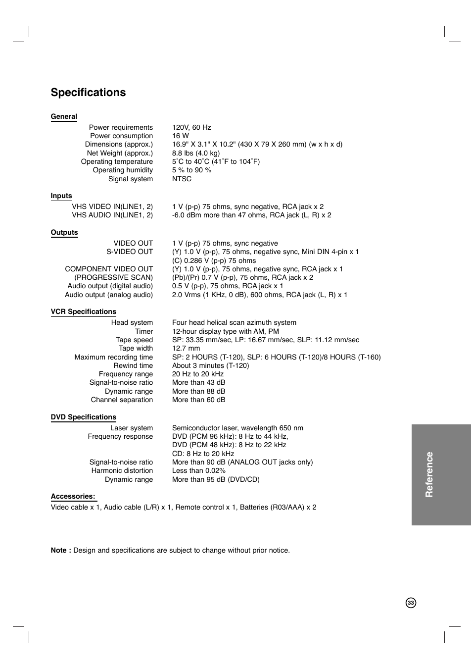 Specifications, Reference | Philips DVP3340V-17B User Manual | Page 33 / 34