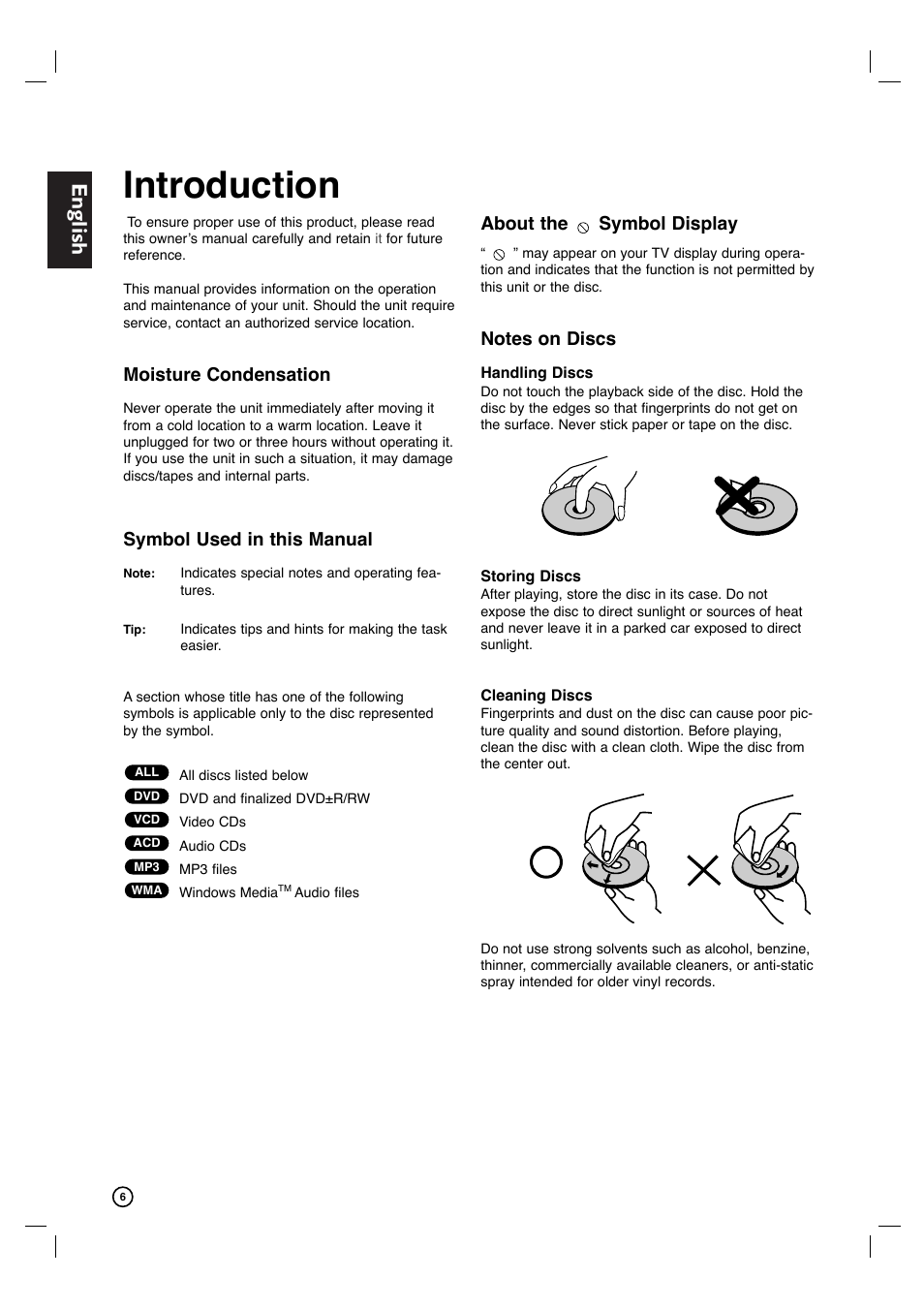 Introduction, English, Moisture condensation | Symbol used in this manual, About the symbol display | Philips DVP3340V-17B User Manual | Page 6 / 34