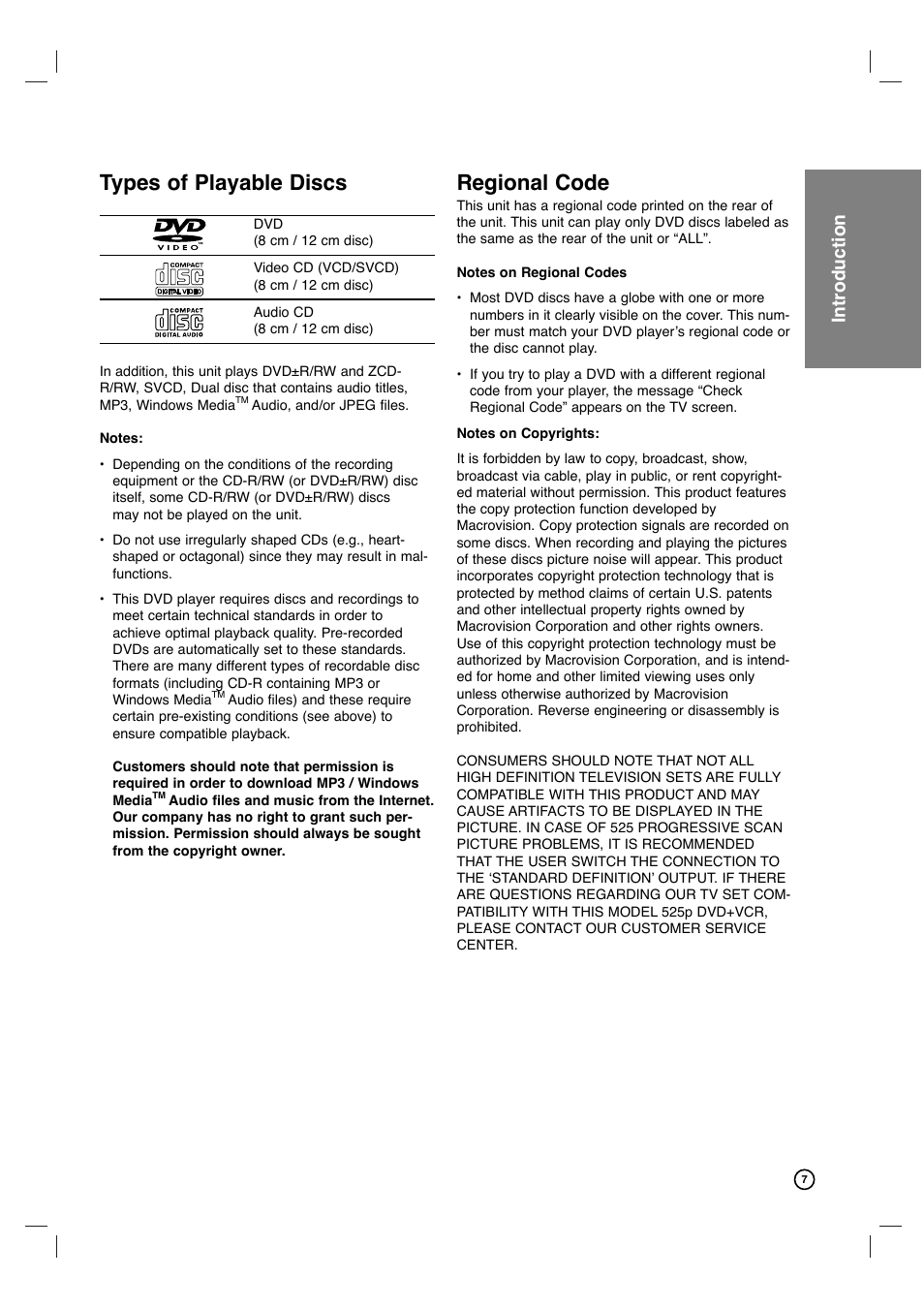Types of playable discs, Regional code, Introduction | Philips DVP3340V-17B User Manual | Page 7 / 34