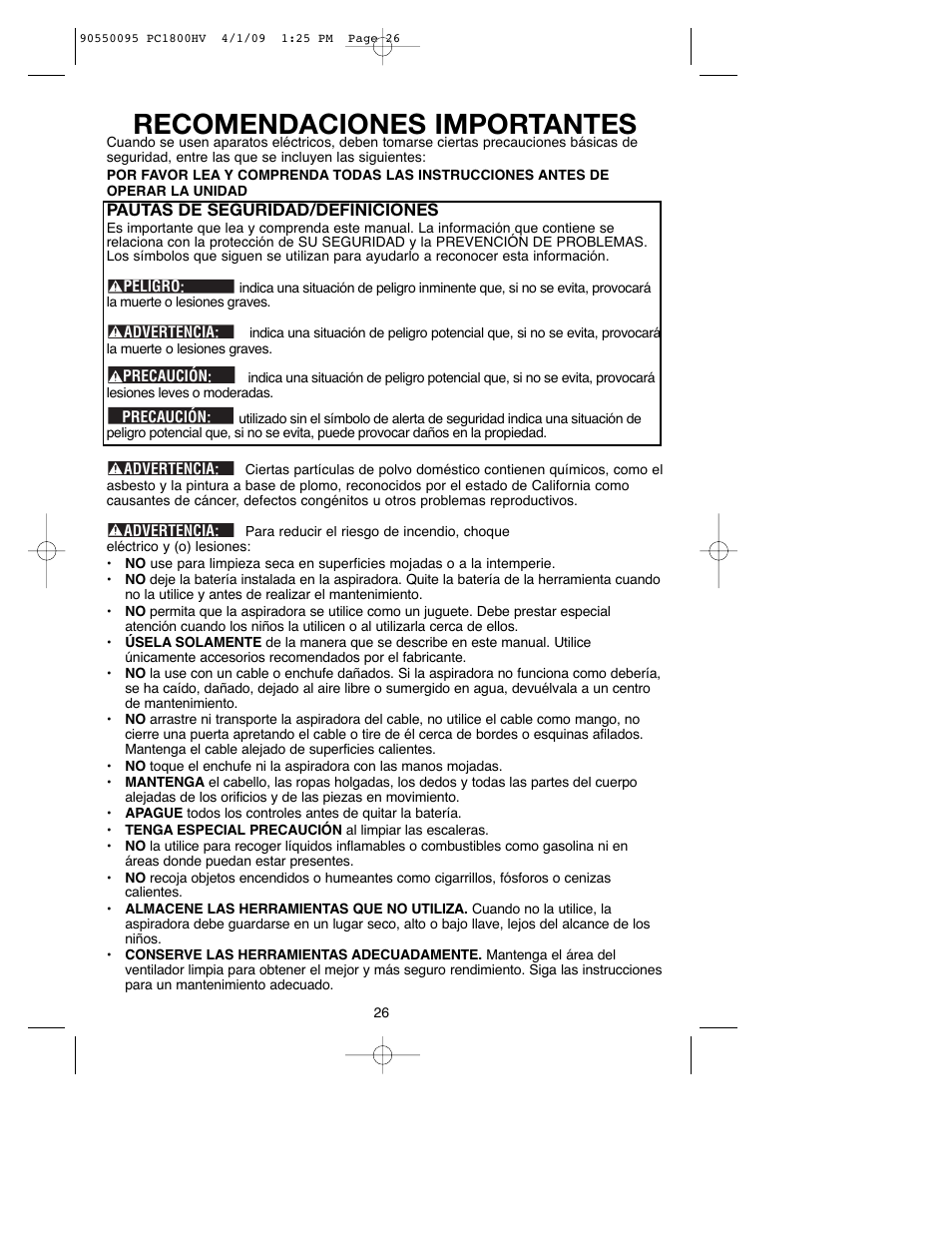 Recomendaciones importantes | Porter-Cable PC1800HV User Manual | Page 26 / 36