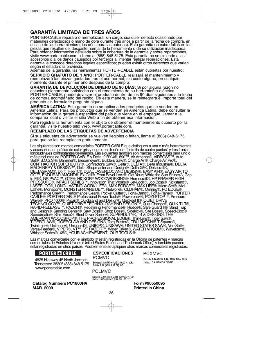 Porter-Cable PC1800HV User Manual | Page 36 / 36