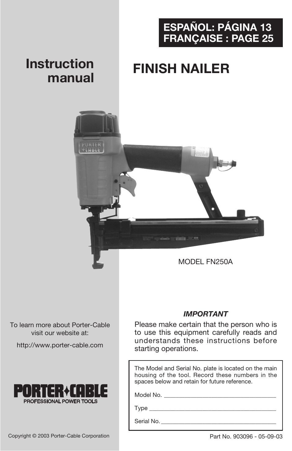 Porter-Cable FN250A User Manual | 13 pages