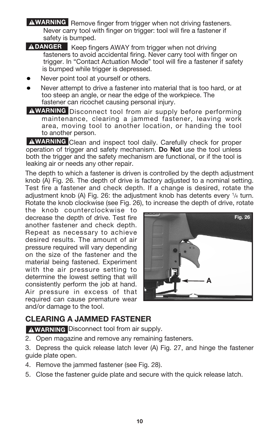 Clearing a jammed fastener | Porter-Cable FN250A User Manual | Page 10 / 13