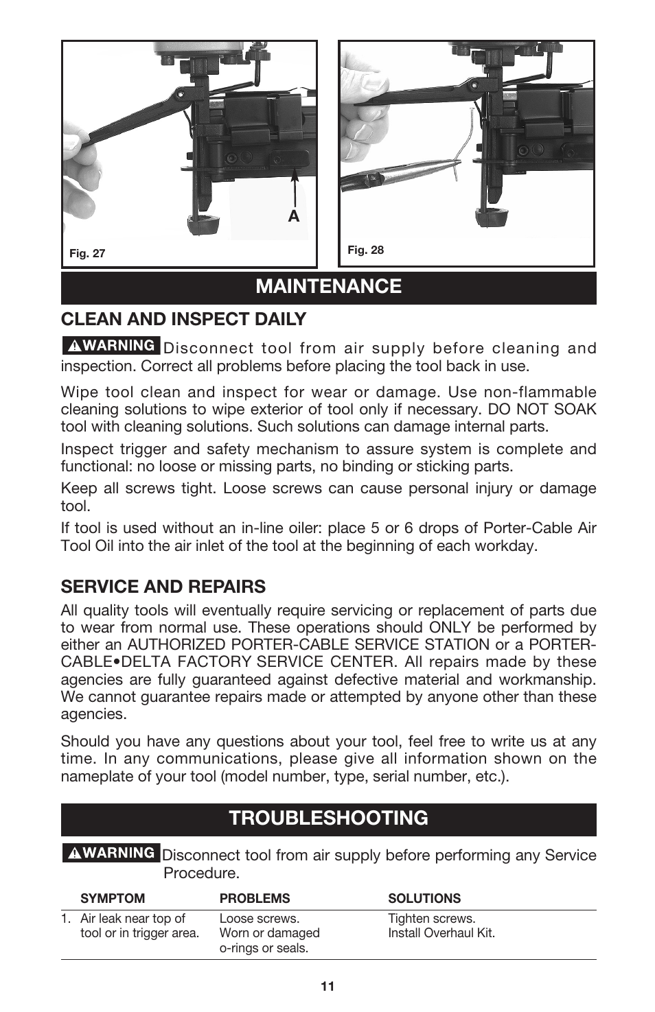 Maintenance troubleshooting, Clean and inspect daily, Service and repairs | Porter-Cable FN250A User Manual | Page 11 / 13