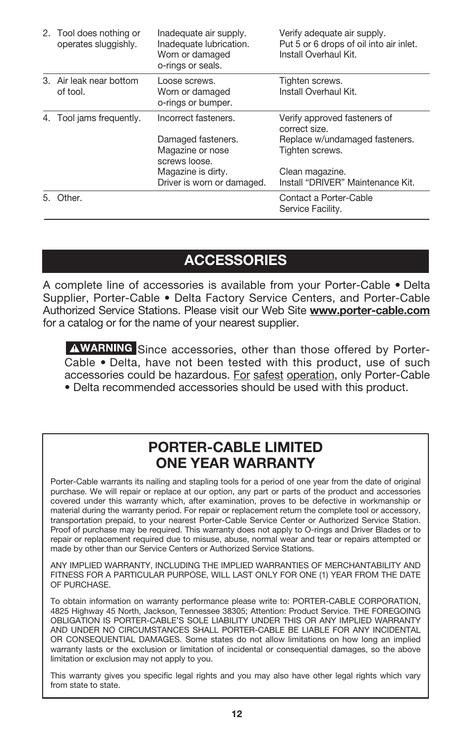 Accessories porter-cable limited one year warranty | Porter-Cable FN250A User Manual | Page 12 / 13