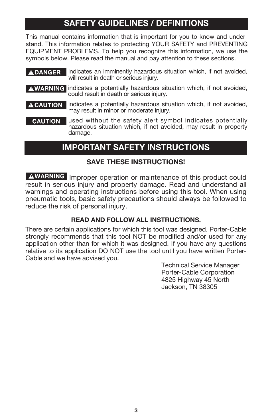 Safety guidelines / definitions, Important safety instructions | Porter-Cable FN250A User Manual | Page 3 / 13