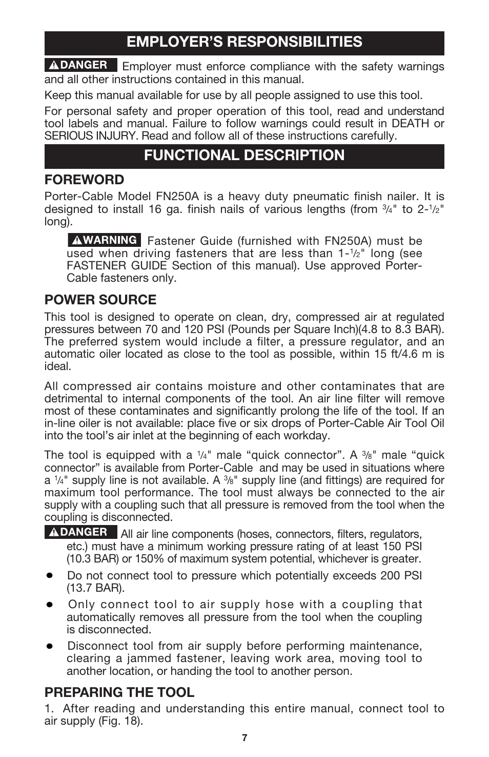 Employer’s responsibilities functional description, Foreword, Power source | Preparing the tool | Porter-Cable FN250A User Manual | Page 7 / 13