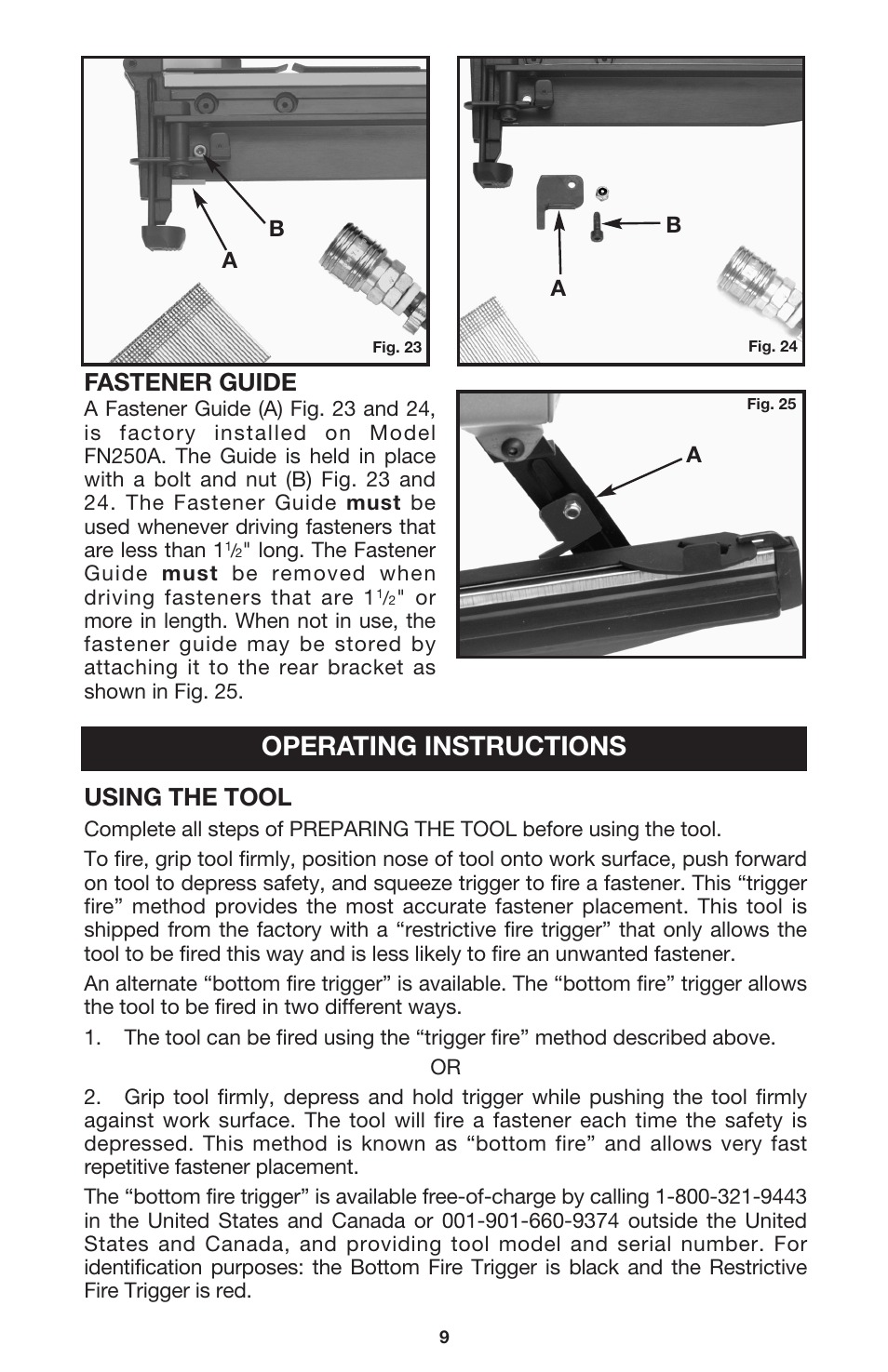 Operating instructions, Fastener guide, Using the tool | Porter-Cable FN250A User Manual | Page 9 / 13