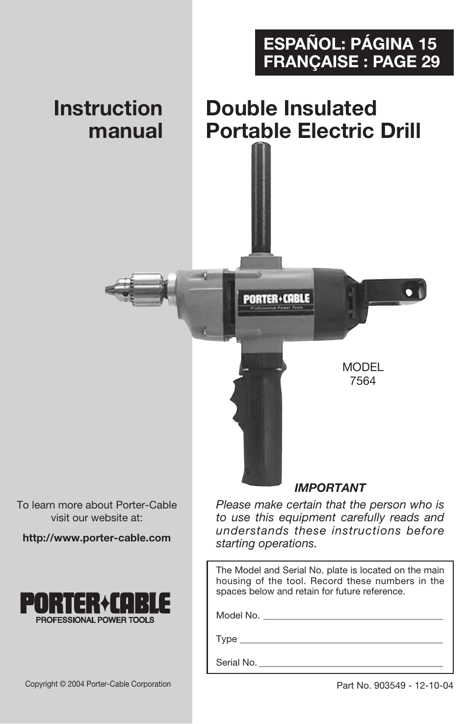 Porter-Cable 7564 User Manual | 15 pages