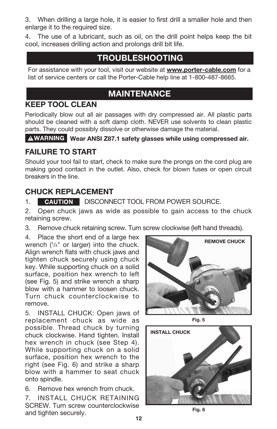 Troubleshooting maintenance, Keep tool clean, Failure to start | Chuck replacement | Porter-Cable 7564 User Manual | Page 12 / 15