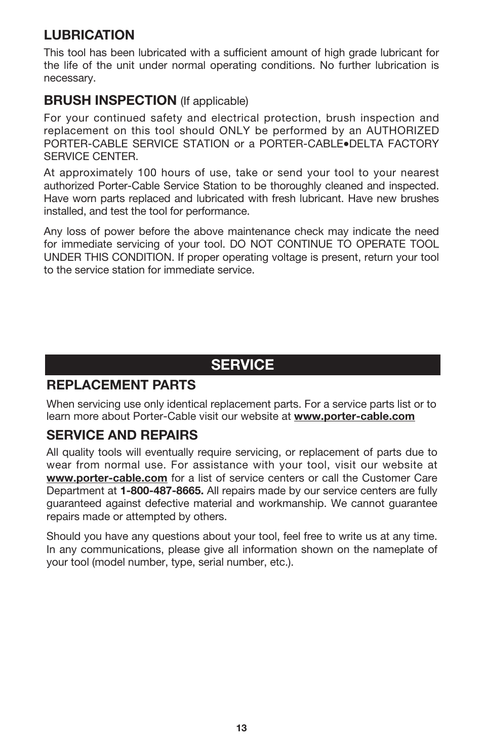 Service, Lubrication, Brush inspection | Replacement parts, Service and repairs | Porter-Cable 7564 User Manual | Page 13 / 15