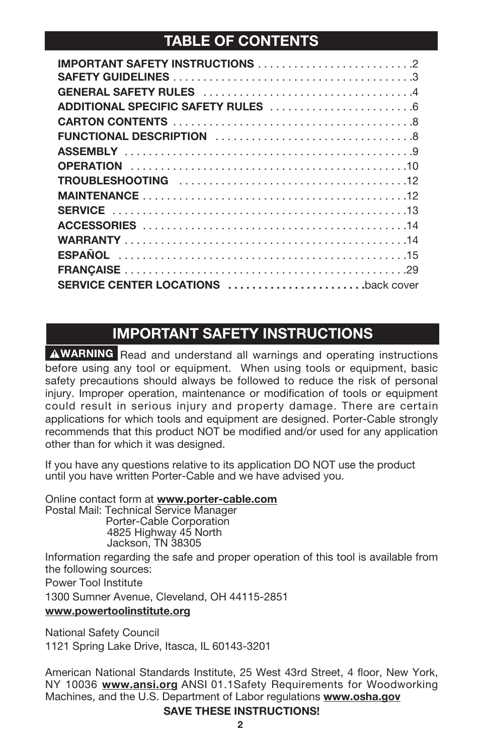 Table of contents important safety instructions | Porter-Cable 7564 User Manual | Page 2 / 15