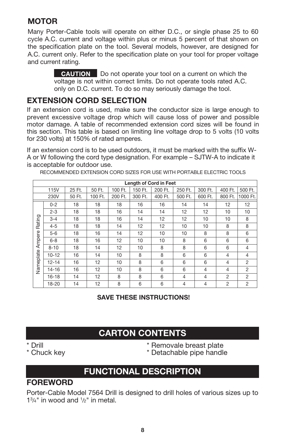 Carton contents, Functional description, Extension cord selection | Motor, Foreword | Porter-Cable 7564 User Manual | Page 8 / 15