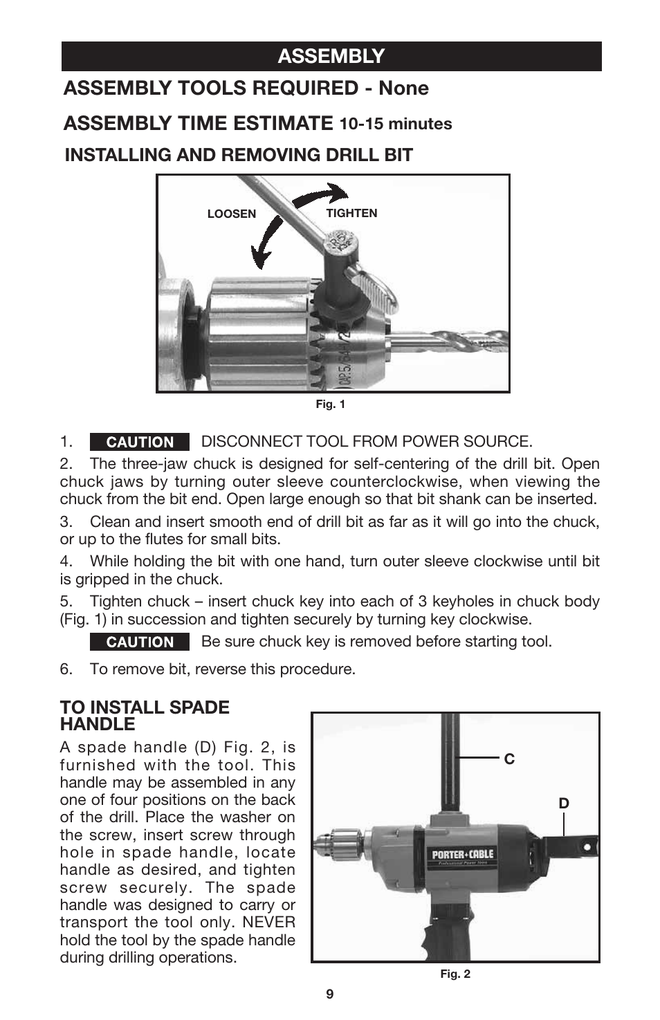 Assembly, Installing and removing drill bit | Porter-Cable 7564 User Manual | Page 9 / 15