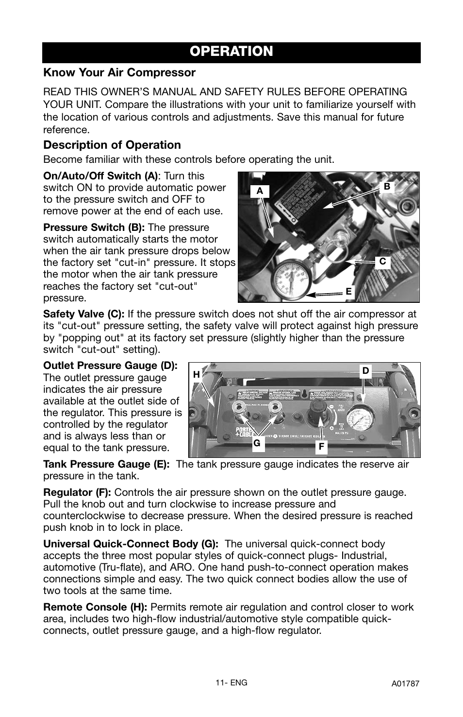 Operation, Description of operation, Know your air compressor | Porter-Cable JOB BOSS CFFC350B User Manual | Page 11 / 24