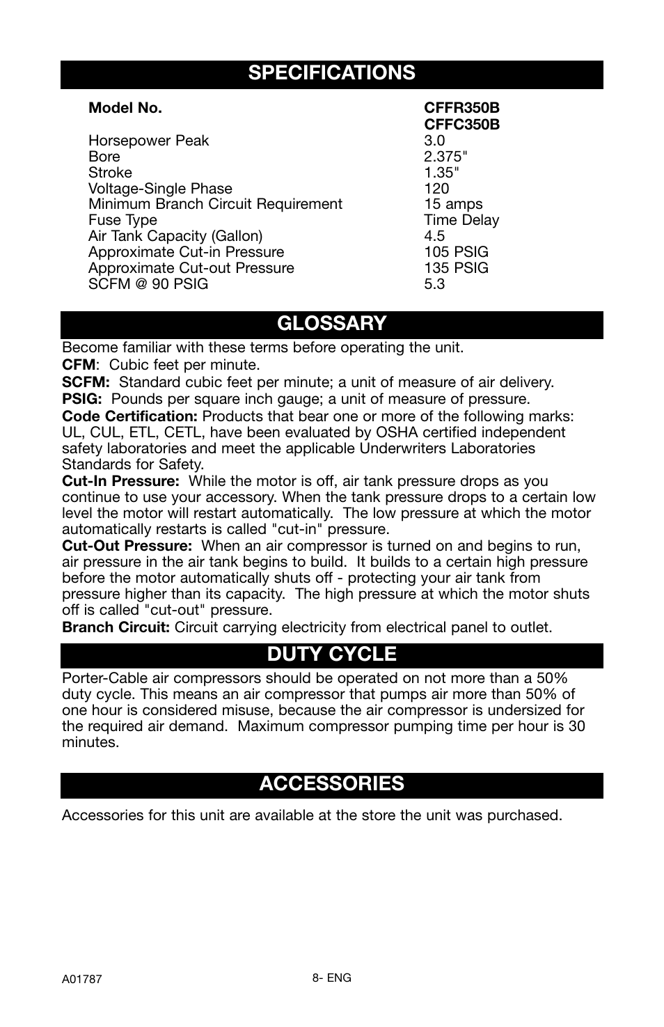 Glossary, Duty cycle, Specifications | Accessories | Porter-Cable JOB BOSS CFFC350B User Manual | Page 8 / 24