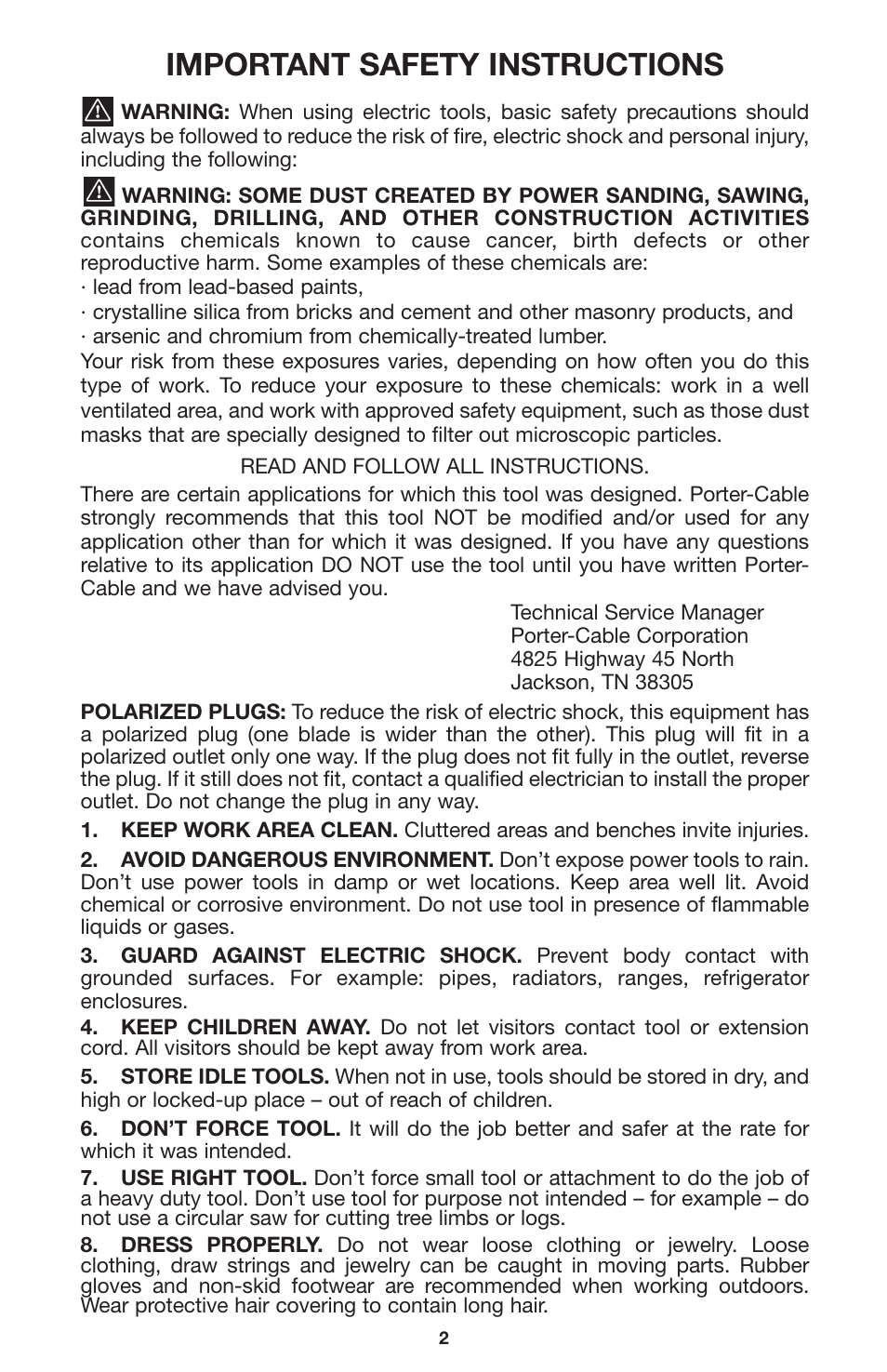 Important safety instructions | Porter-Cable 2650 User Manual | Page 2 / 9