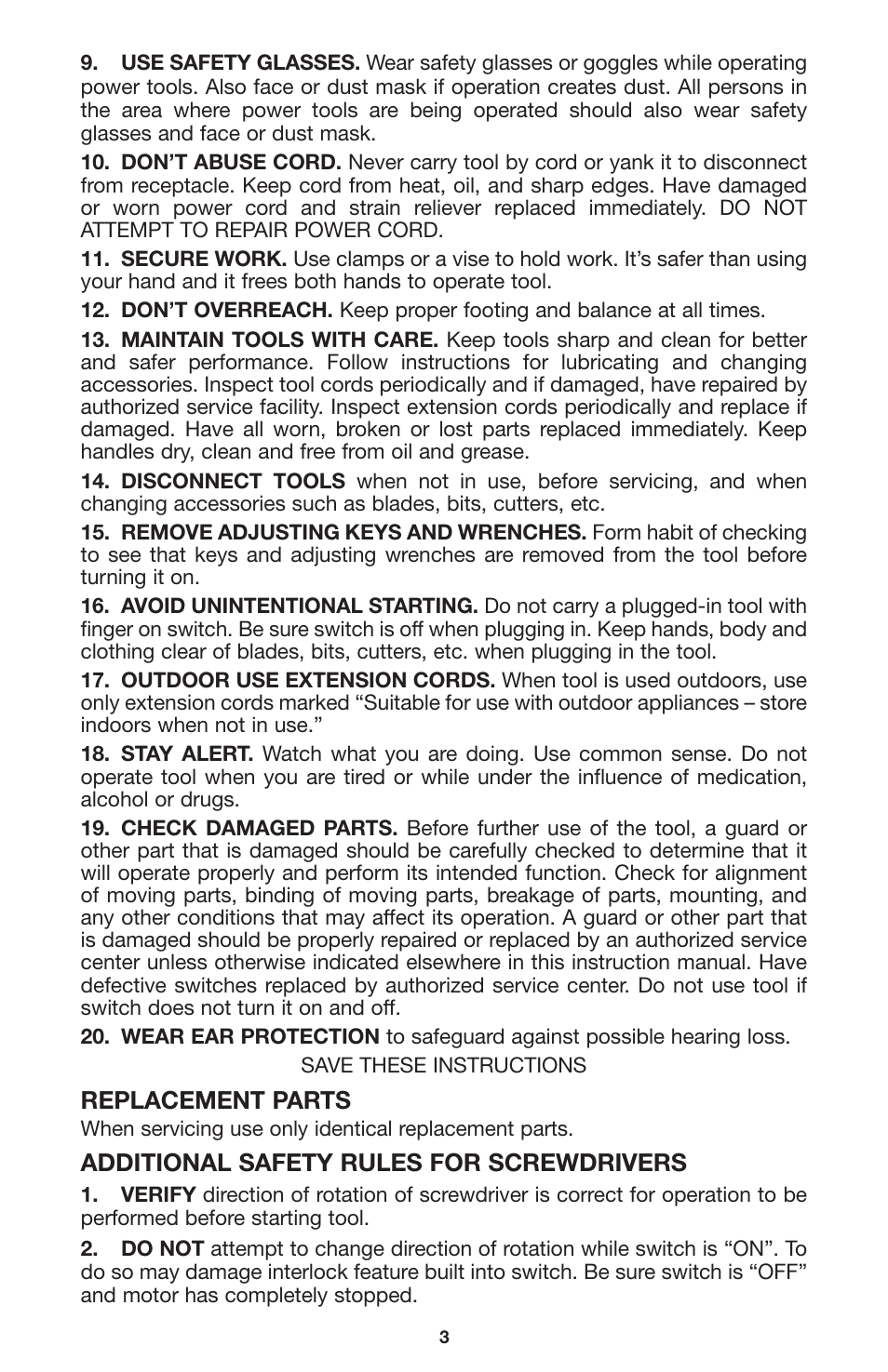 Replacement parts, Additional safety rules for screwdrivers | Porter-Cable 2650 User Manual | Page 3 / 9