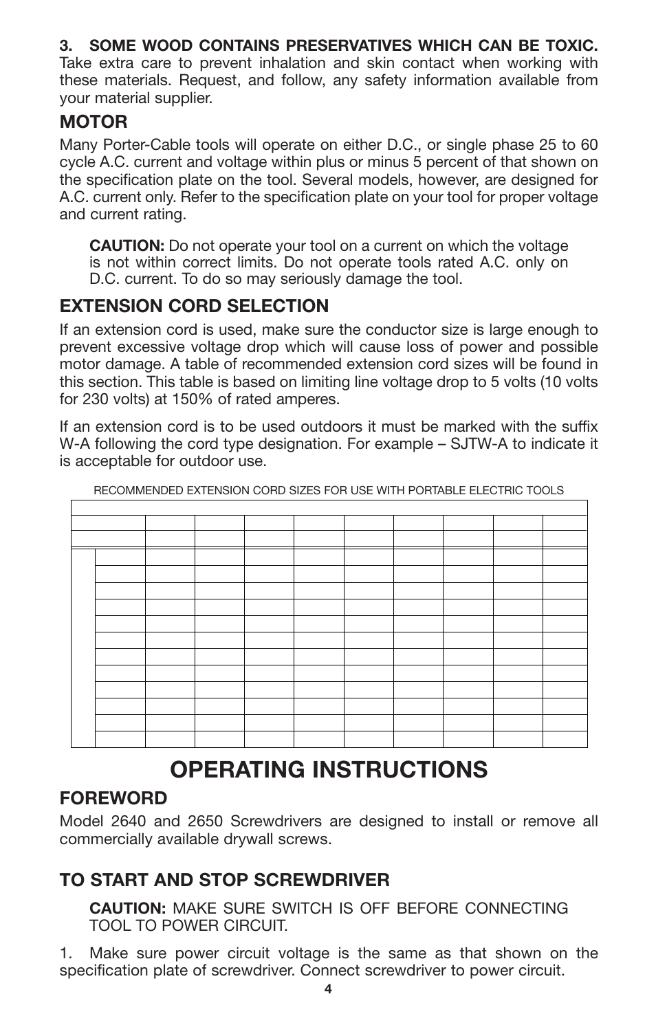 Operating instructions, Motor, Extension cord selection | Foreword | Porter-Cable 2650 User Manual | Page 4 / 9