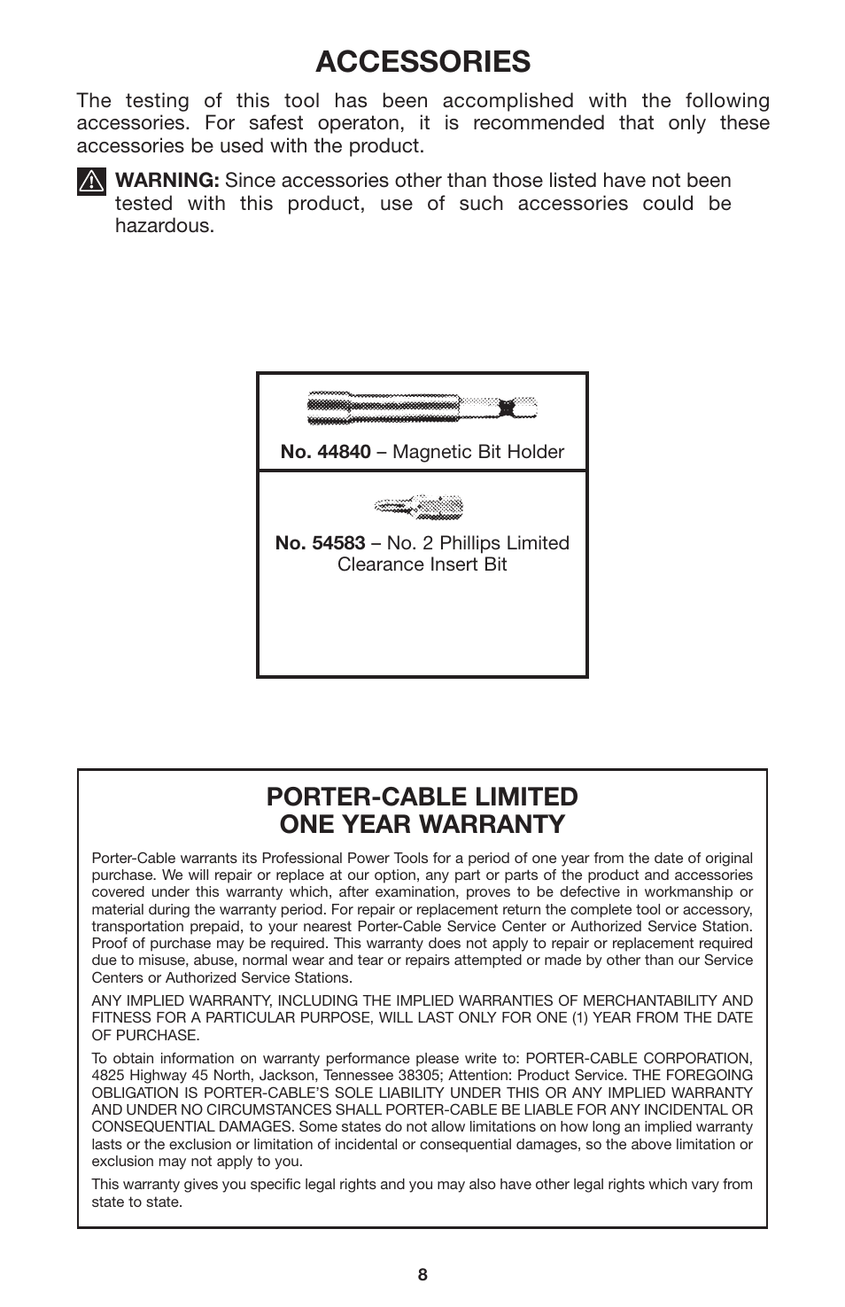 Accessories, Porter-cable limited one year warranty | Porter-Cable 2650 User Manual | Page 8 / 9