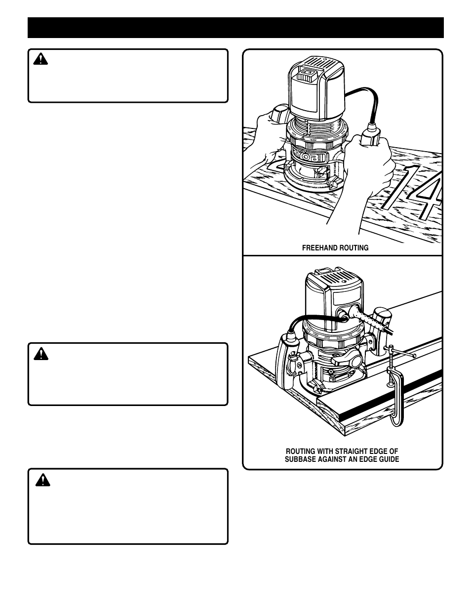 Operation, Warning, Freehand routing | Routing with straight edge of subbase | Ryobi R161 User Manual | Page 13 / 16