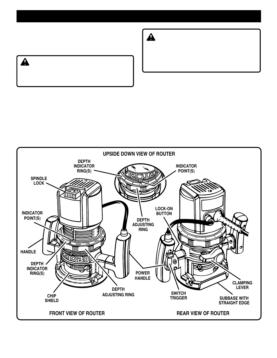 Features, Warning, Know your router | Chip shield, Lock-on button, Front view of router rear view of router, Upside down view of router | Ryobi R161 User Manual | Page 7 / 16