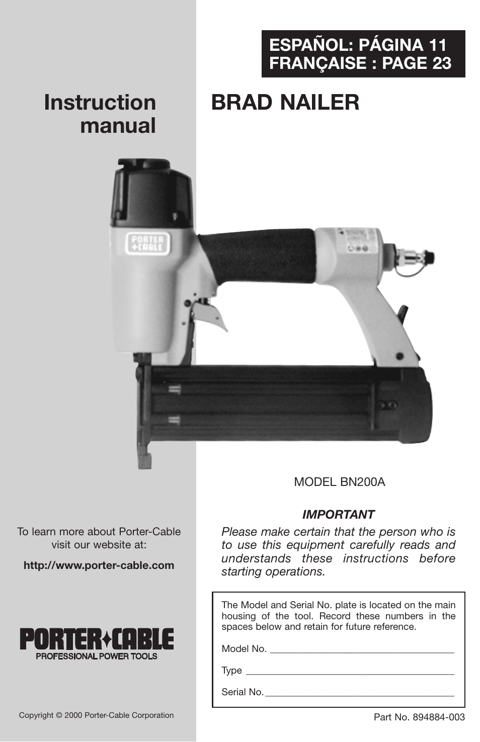 Porter-Cable 894884-003 User Manual | 12 pages