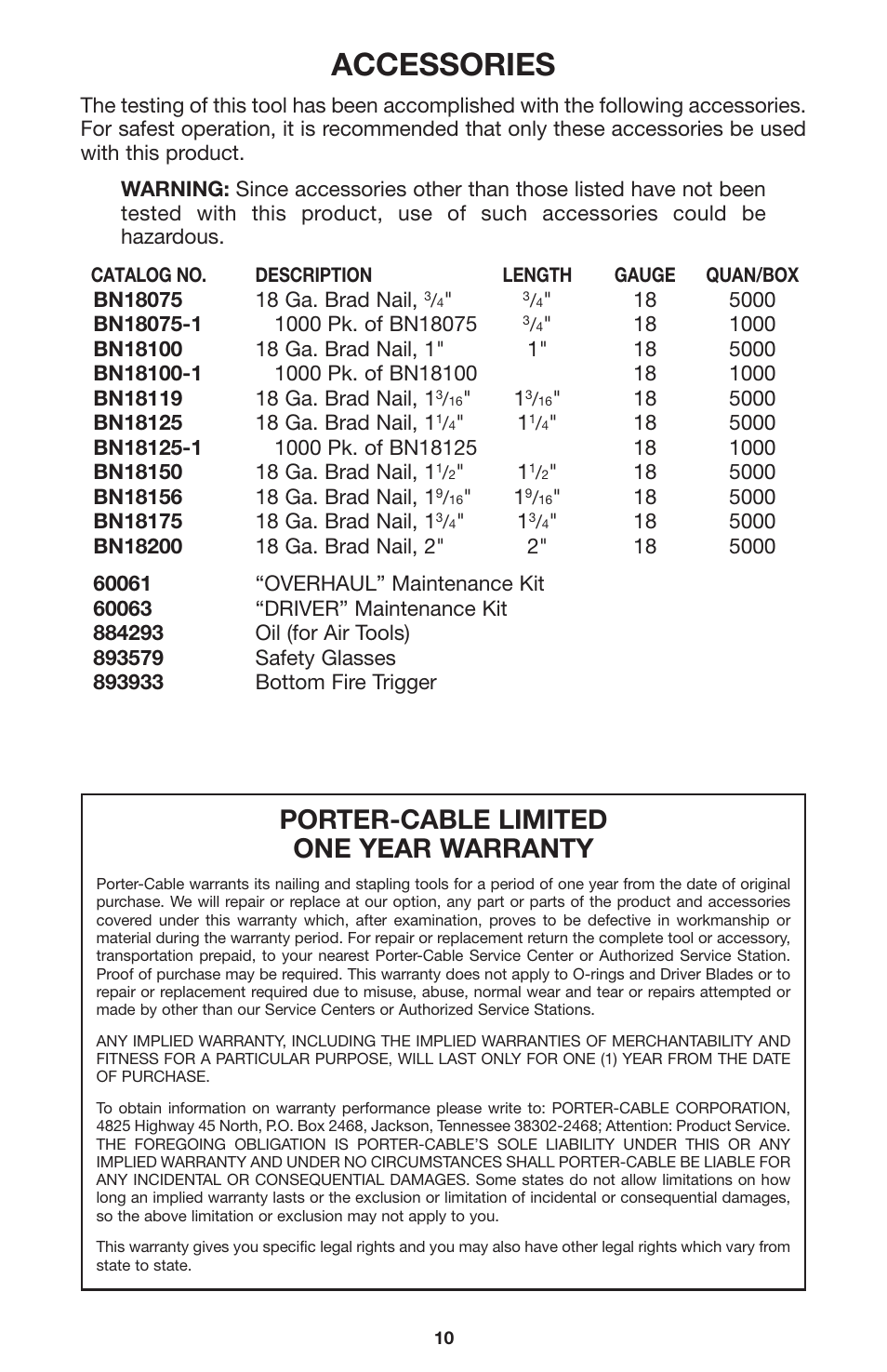 Accessories, Porter-cable limited one year warranty | Porter-Cable 894884-003 User Manual | Page 11 / 12