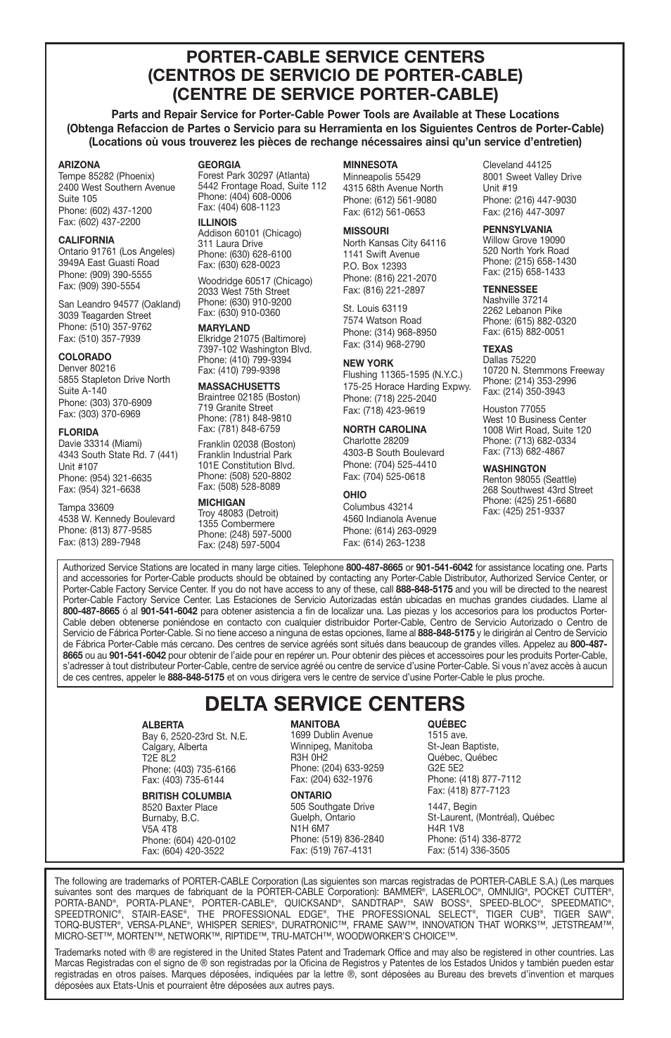 Delta service centers | Porter-Cable 894884-003 User Manual | Page 12 / 12