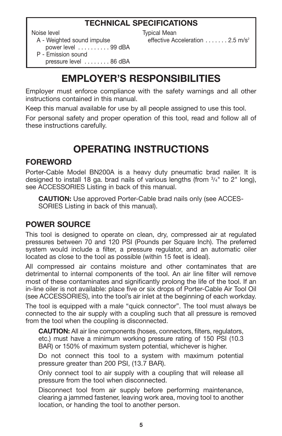 Employer’s responsibilities, Operating instructions, Foreword | Power source, Technical specifications | Porter-Cable 894884-003 User Manual | Page 6 / 12