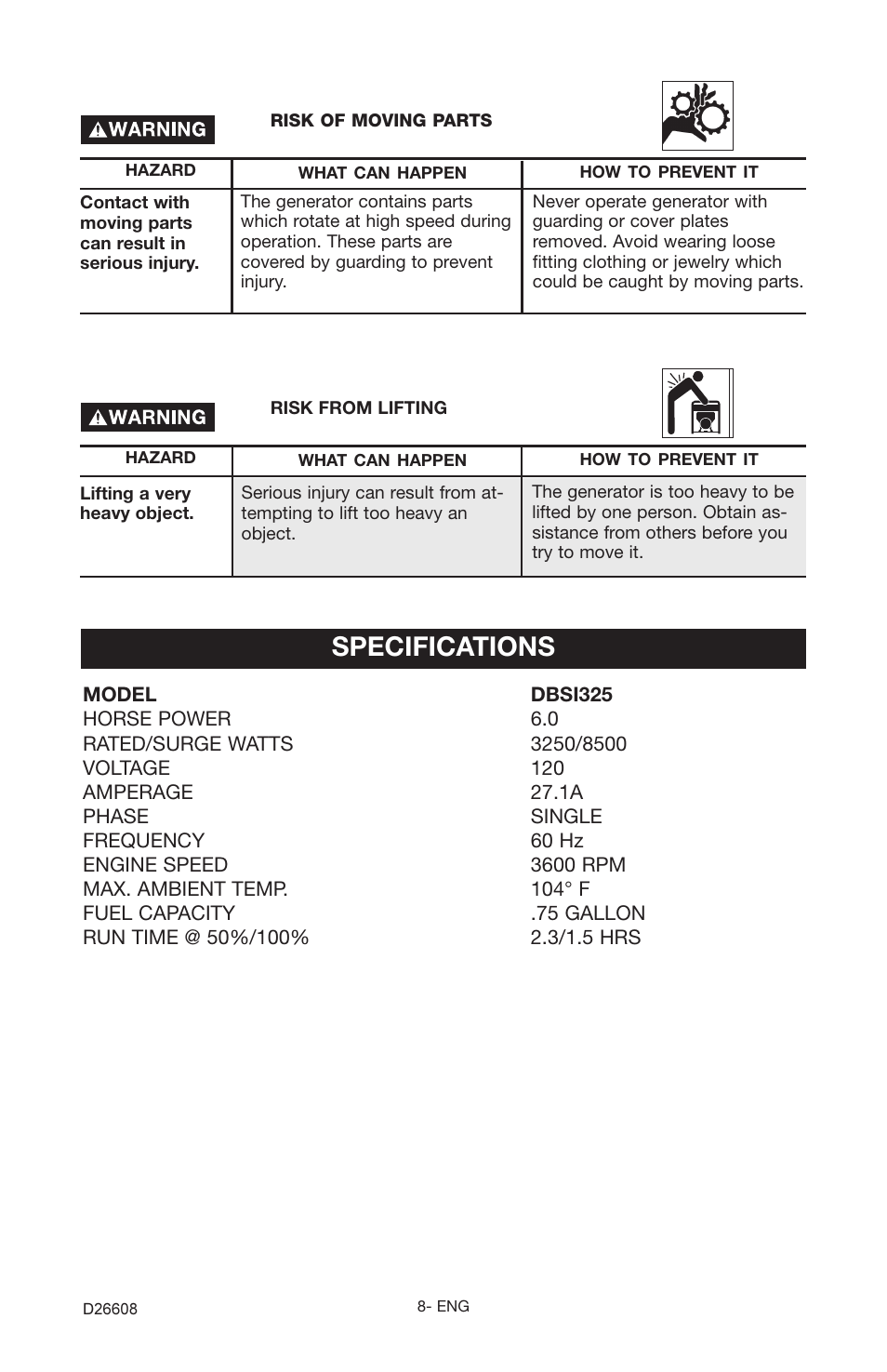 Specifications | Porter-Cable DBSI325 User Manual | Page 8 / 22